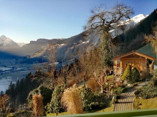 a house on a hill with a view of a mountain at Neurauthof in Zellberg