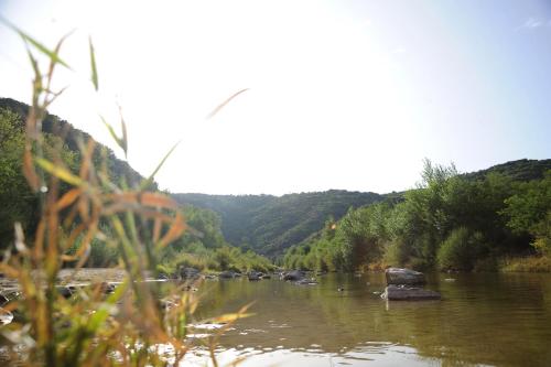 un río con rocas y montañas en el fondo en La Bohème, en Tournon-sur-Rhône