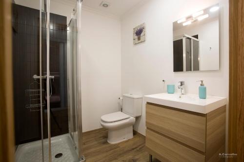 La salle de bains est pourvue de toilettes, d'un lavabo et d'une douche. dans l'établissement Casa das Sardinhas, à Setúbal