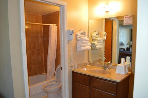 uma casa de banho com um lavatório, um WC e um chuveiro em Tarpon Shores Inn em Tarpon Springs