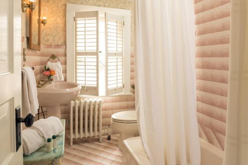 a bathroom with a white toilet and a sink at The Yellow House on Plott Creek in Waynesville