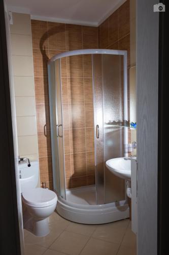 a bathroom with a shower and a toilet and a sink at Sobe i apartmani Kety in Kragujevac