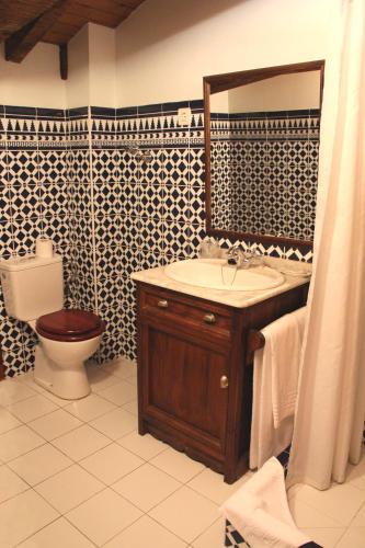 a bathroom with a sink and a toilet and a mirror at Mañuko Benta in Bermeo