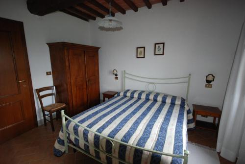 a bedroom with a bed with a blue and white striped comforter at Agriturismo Monterosello in Città di Castello