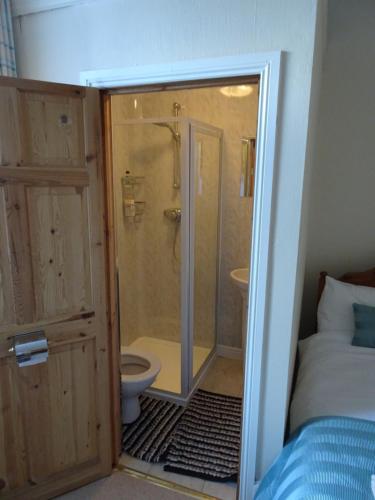 a bathroom with a shower and a toilet next to a bed at St Georges sea view in Sunderland