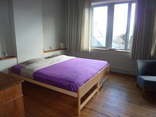 - une chambre avec un lit violet et une fenêtre dans l'établissement W'allons nous dormir, à Liège
