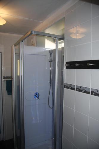 a shower in a bathroom with a glass door at Bower's Hideout in Kandos