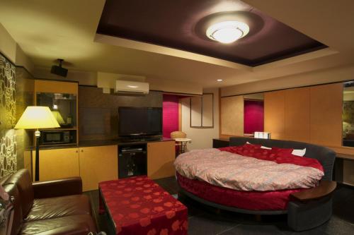 1 dormitorio con cama, sofá y TV en Hotel Coco-Palm (Love Hotel), en Tosu