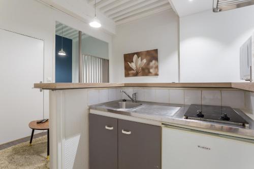 une cuisine avec un évier et un comptoir dans l'établissement Jusquà 6 personnes au coeur du Vieux Lyon, à Lyon