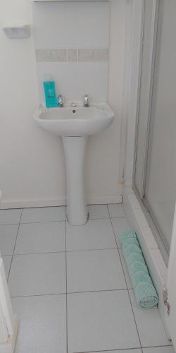 a white bathroom with a sink and a shower at Humewood Home Stay in Port Elizabeth