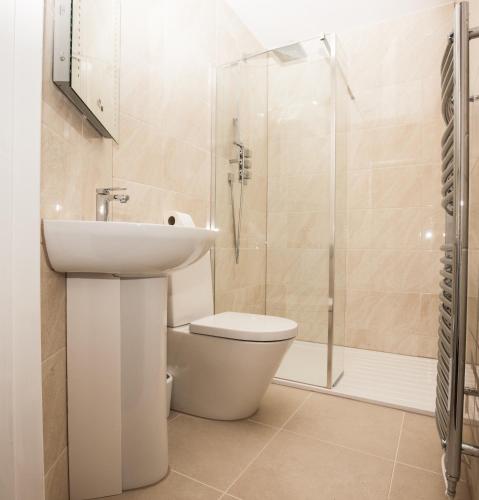 a bathroom with a toilet and a sink and a shower at Bridge Hotel Brandon in Brandon