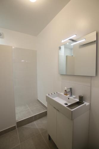 a bathroom with a sink and a mirror and a shower at Au dessus des platanes in Carpentras