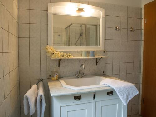 une salle de bains avec un lavabo et un miroir dans l'établissement Ferienwohnung Lange Brücke, à Erfurt