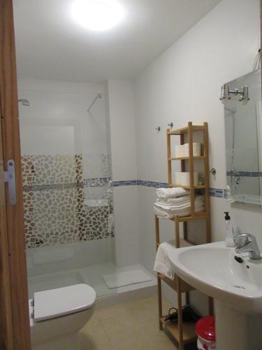 łazienka z prysznicem, toaletą i umywalką w obiekcie Ferienwohnung Tropical w mieście La Herradura