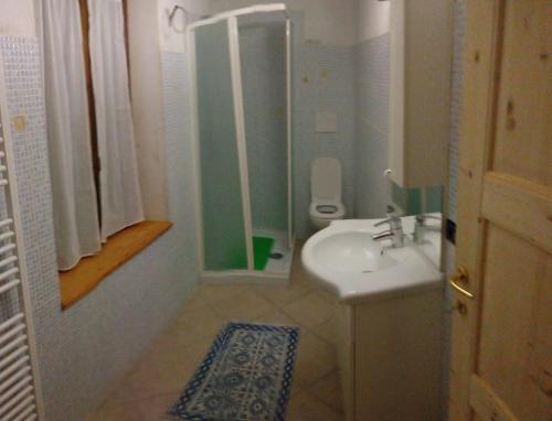 un piccolo bagno con lavandino e doccia di Chalet Immerso nel Verde a Strembo