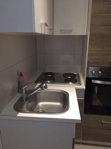 a kitchen with a sink and a stove at main Appartments Frankfurt Airport in Kelsterbach