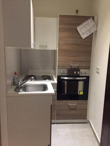 a small kitchen with a sink and a stove at main Appartments Frankfurt Airport in Kelsterbach