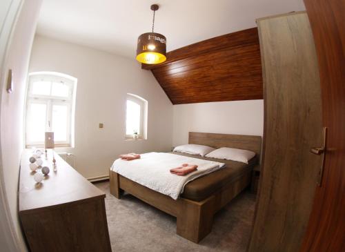 a bedroom with a bed and a wooden ceiling at Penzion V Horách in Kraslice