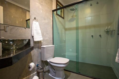 uma casa de banho com um WC e uma cabina de duche em vidro. em Pousada Valle do Avencal 5 Km do Centro em Urubici