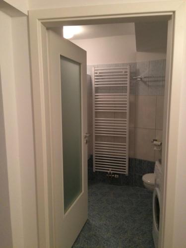 a bathroom with a toilet and a window and a door at Lunitz 19 in Görlitz