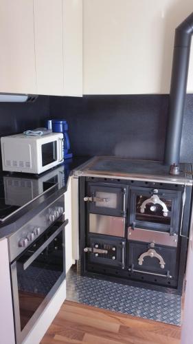 a kitchen with a stove and a microwave at Knusperhäuschen Maria Nikoletta in Witra