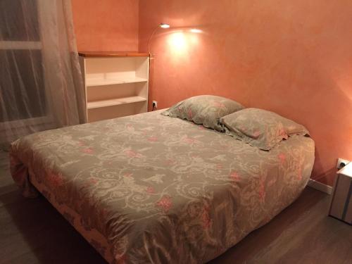 um quarto com uma cama com uma colcha e almofadas em Appartement 4p 70m2 plein centre avec parking em Agen
