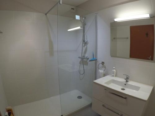 uma casa de banho com um chuveiro, um lavatório e um espelho. em Appartement 4p 70m2 plein centre avec parking em Agen