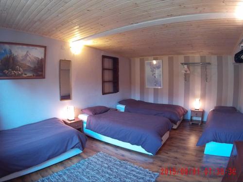リプトフスキー・ミクラーシュにあるMikulas Guest Houseの照明付きの部屋にベッド3台が備わる部屋