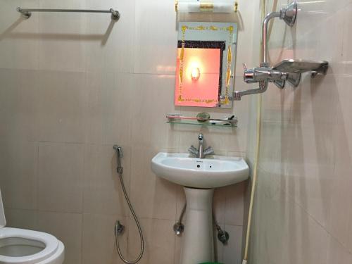 a bathroom with a sink and a mirror and a toilet at Pashupati Darshan Hotel in Kathmandu