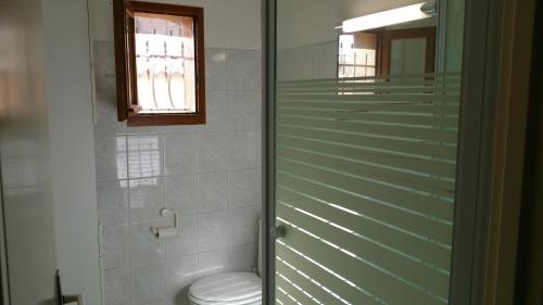 La salle de bains est pourvue de toilettes et d'une porte de douche en verre. dans l'établissement Résidence Cap Azur Appartement 228, à Villeneuve-Loubet