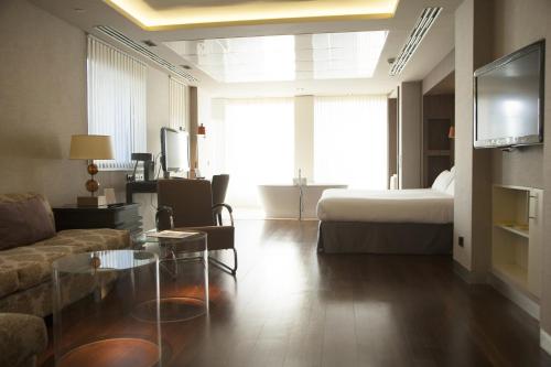 a living room with a couch and a bed at Hotel Alfonso in Zaragoza