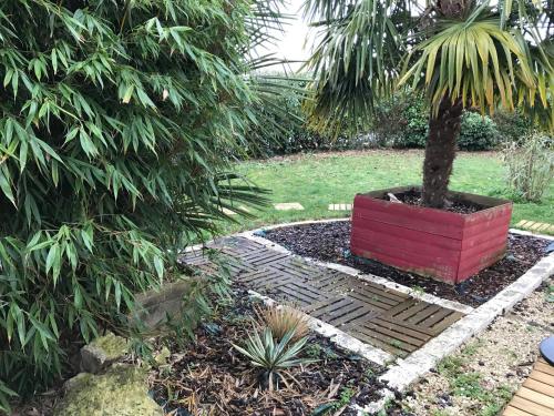a palm tree in a red planter in a garden at CosyStudio Site du Futuroscope in Chasseneuil-du-Poitou