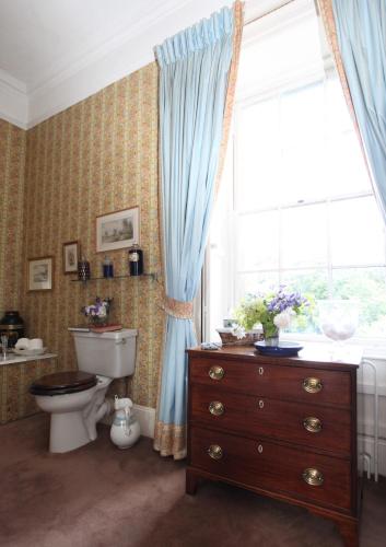a bathroom with a toilet and a window and a dresser at Ballydugan Country House in Downpatrick