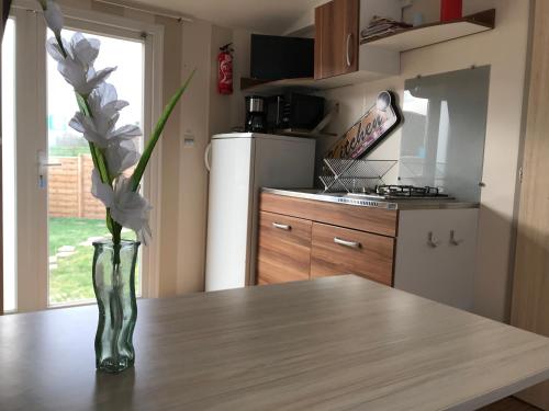 a vase of flowers sitting on a table in a kitchen at CosyStudio Site du Futuroscope in Chasseneuil-du-Poitou
