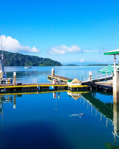 a dock on a large body of water at Banana Bay Marina in Golfito