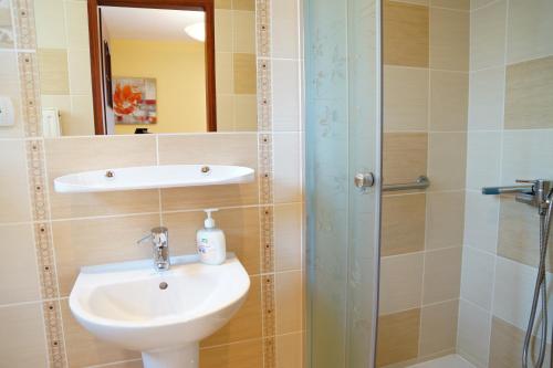 a bathroom with a sink and a shower at Willa Grażyna in Ustroń