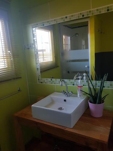 uma casa de banho com um lavatório branco e um espelho. em Chez Patricia & Denis em Flassans-sur-Issole