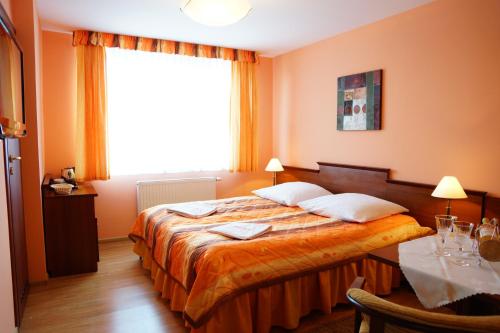 a hotel room with a bed and a window at Willa Grażyna in Ustroń