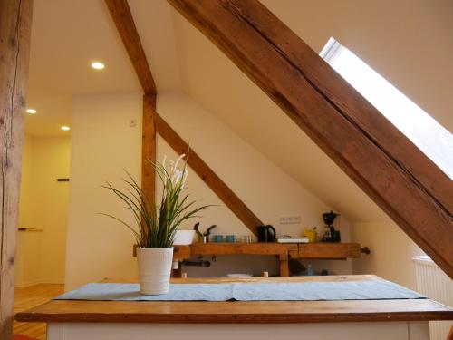 a room with an attic with wooden beams at Cityhouse Nauwies in Saarbrücken