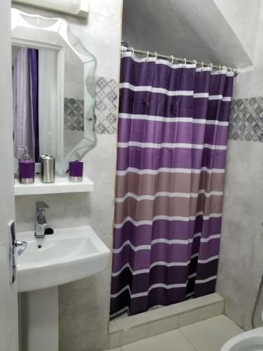 a bathroom with a sink and a shower curtain at Appartement Confort Fann hock in Dakar