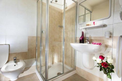 W łazience znajduje się prysznic, umywalka i toaleta. w obiekcie Hotel Ben Hur w Cesenatico