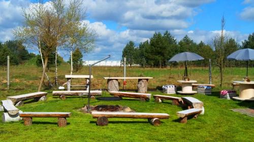 a group of picnic tables and benches in a field at Pokoje Gościnne Przylesie in Łobez