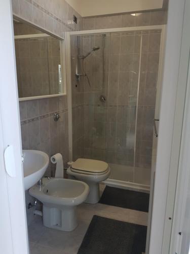 ein Bad mit einem WC, einem Waschbecken und einer Dusche in der Unterkunft Appartamento Adda con posto auto in Olginate