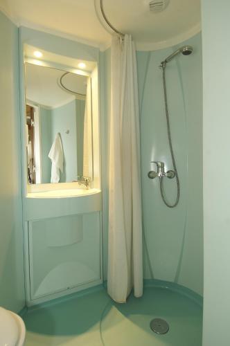 une salle de bain avec une douche avec un lavabo et un miroir dans l'établissement Domaine du Roi Kysmar, à Villandraut