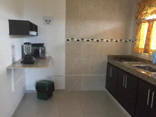 a small kitchen with a counter and a sink at Villa Yalirocu in Carretal