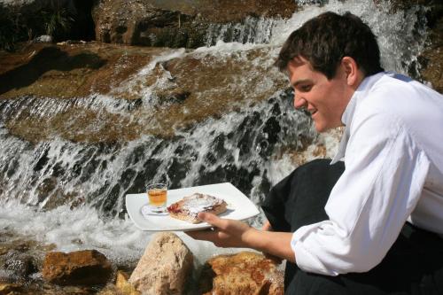 um homem segurando um prato de bolo e uma cachoeira em Hotel Catinaccio em Vigo di Fassa