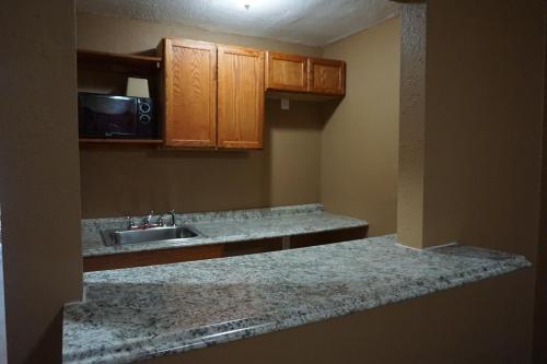 a kitchen with a sink and a microwave at Econo Lodge San Antonio Northeast I-35 in San Antonio