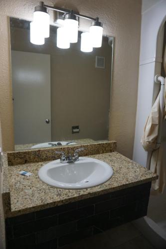 a bathroom counter with a sink and a mirror at Econo Lodge San Antonio Northeast I-35 in San Antonio