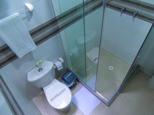 a bathroom with a toilet and a glass shower at Hotel San Martin in Armenia
