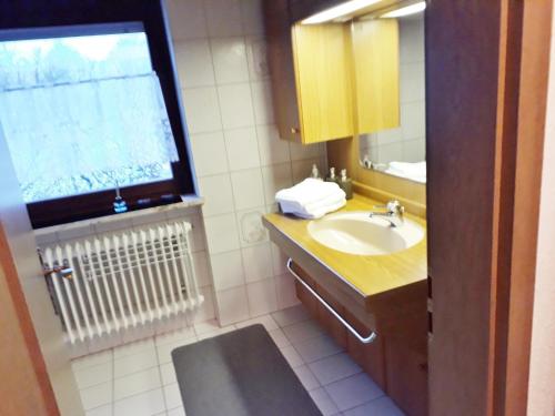 a bathroom with a sink and a mirror at 3 Sterne Ferienwohnungen Wachter in Bischofsgrün